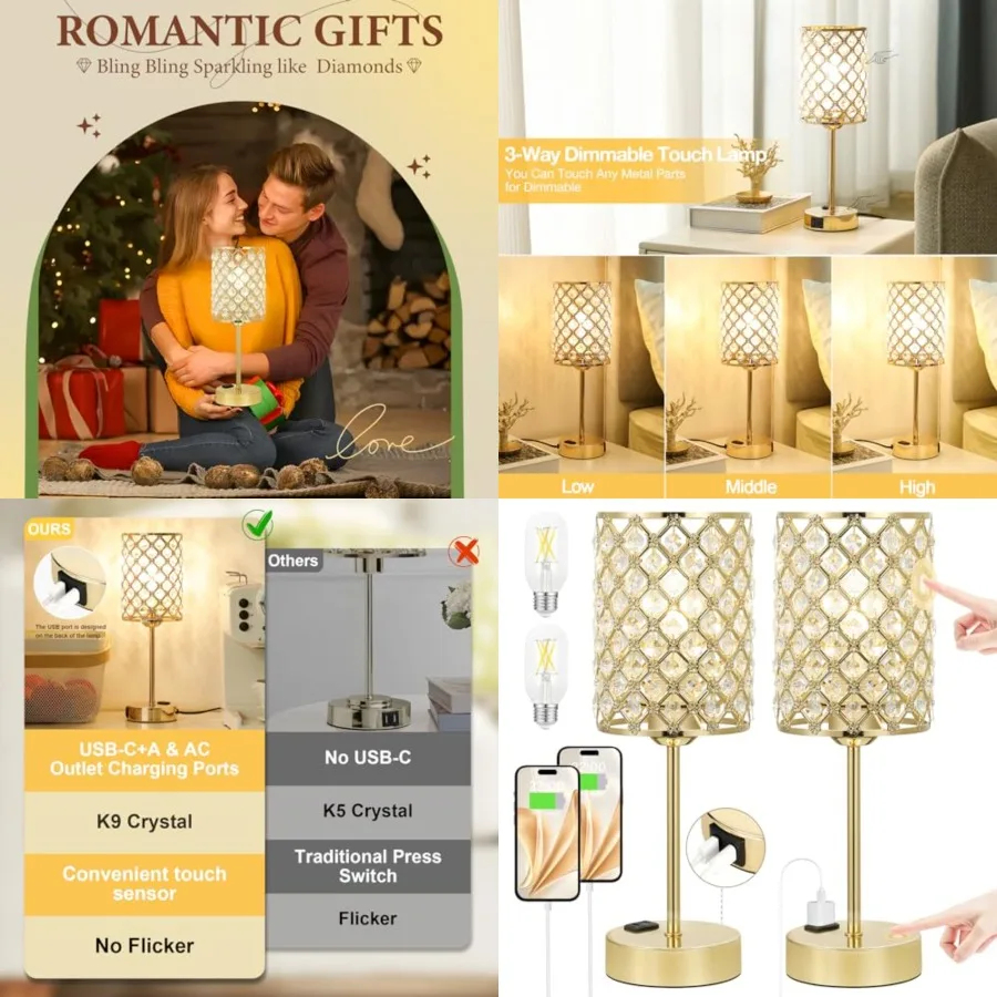 

Touch Control Crystal Table Lamp-Dimmable Nightstand Lamp with USB-C+A and AC Charging Ports, 3-Way USB Gold Lamp, Bedside Desk