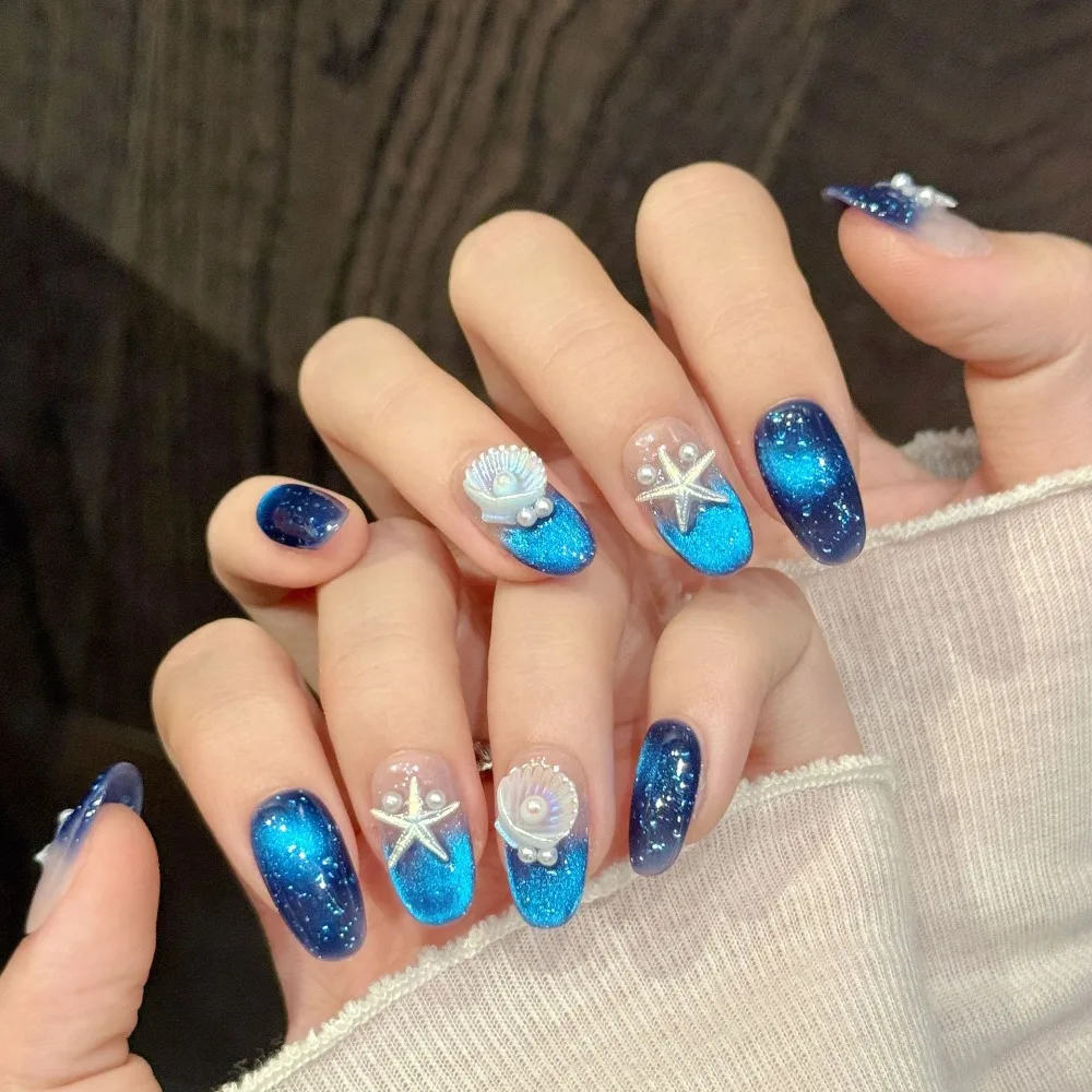 10 Pieces Fresh Dreamy Gradient Handmade Press on Nails 3D Ocean Theme Starfish Rainbow Color Shell Pearl Art Fake Nails