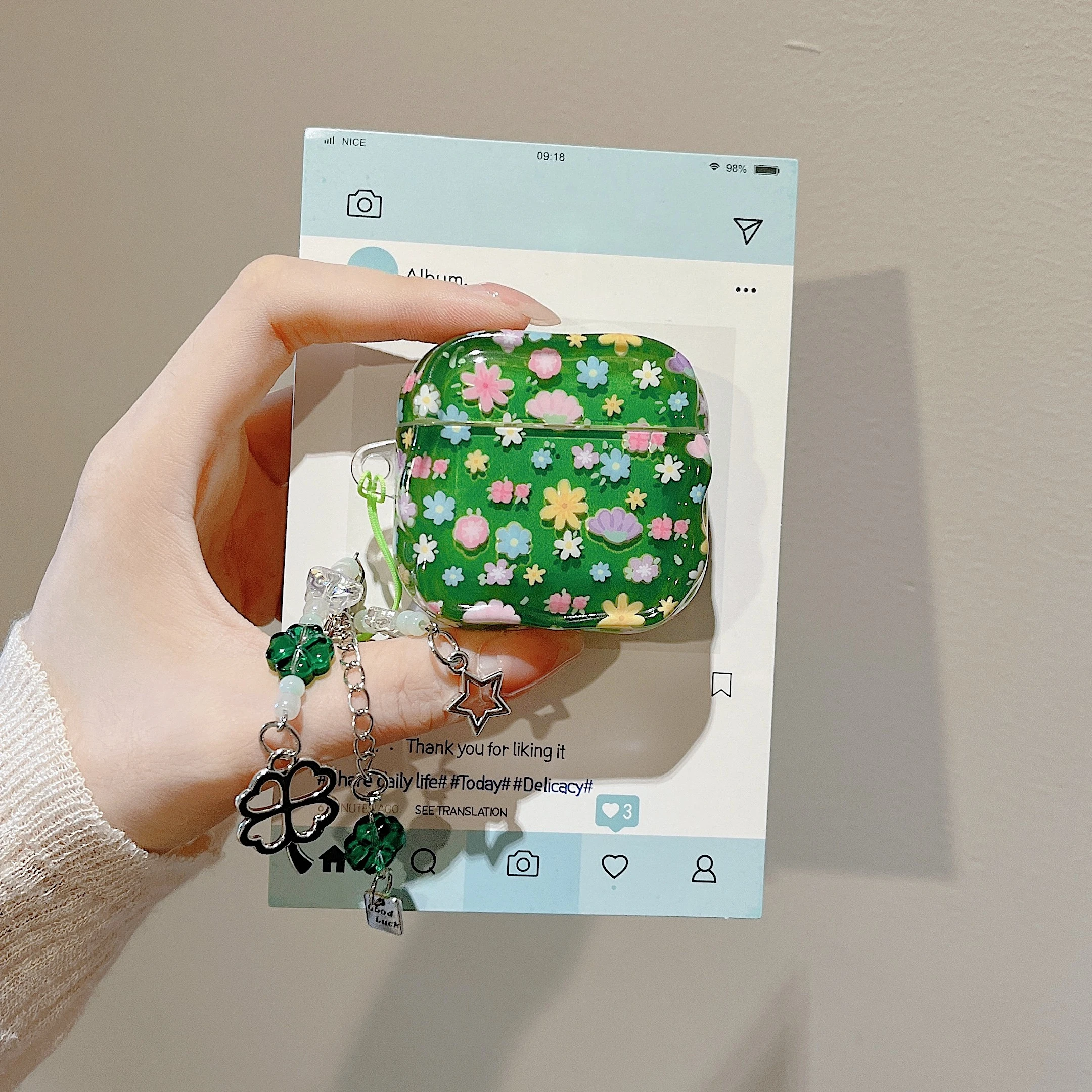 

Fashion Green Floral Case For AirPods Pro3 Pro2 4 3 2 Transparent TPU Earphone Cover With Charm Pendant
