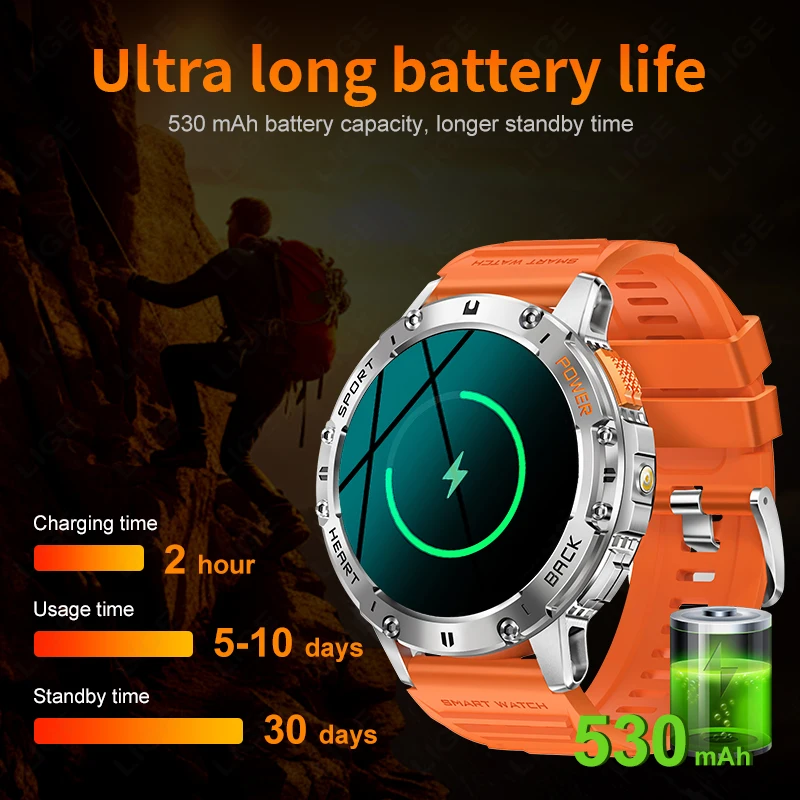 New Outdoor Smart Watch Men 530mAh Large Battery Bluetooth Call Sport Fitness AMOLED Screen Waterproof Flashlight Smartwatch Man