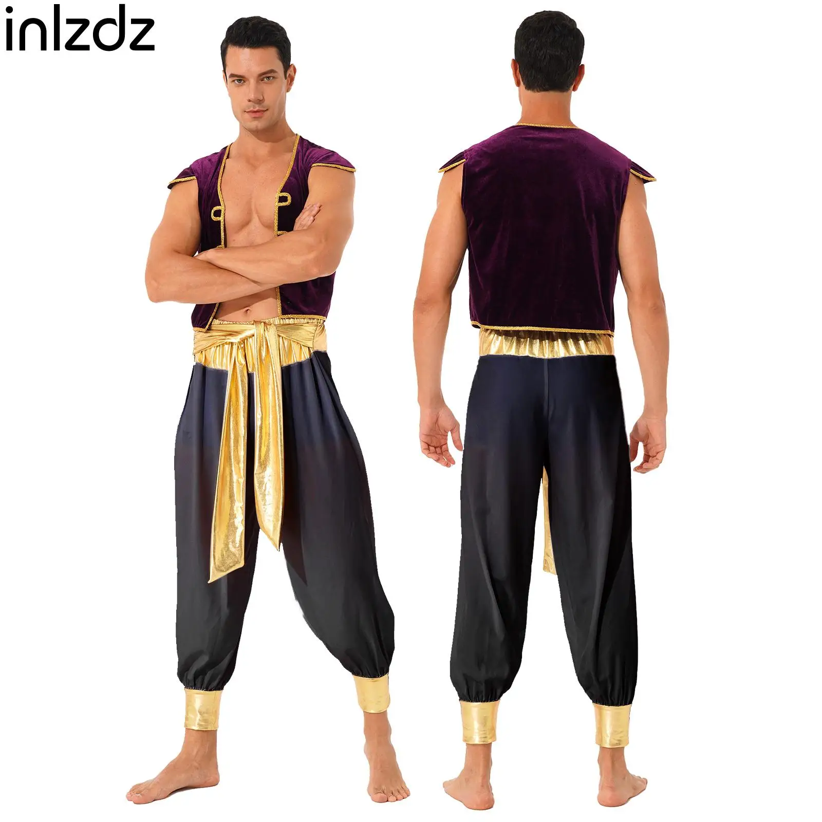 

Arabian Costume Mens Arabian Prince Cosplay Dress Up Cap Sleeve Waistcoat Belted Bloomers Pants Suit Halloween Carnival Outfits