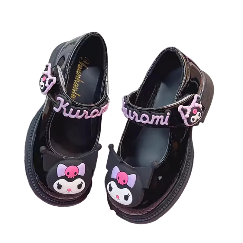 Sanrioed Kuromi Girl Black British Princess Small Leather Shoes Kawaii Anime Soft Soles Babys Shoe Sweet Cute Cartoon Kid Gift