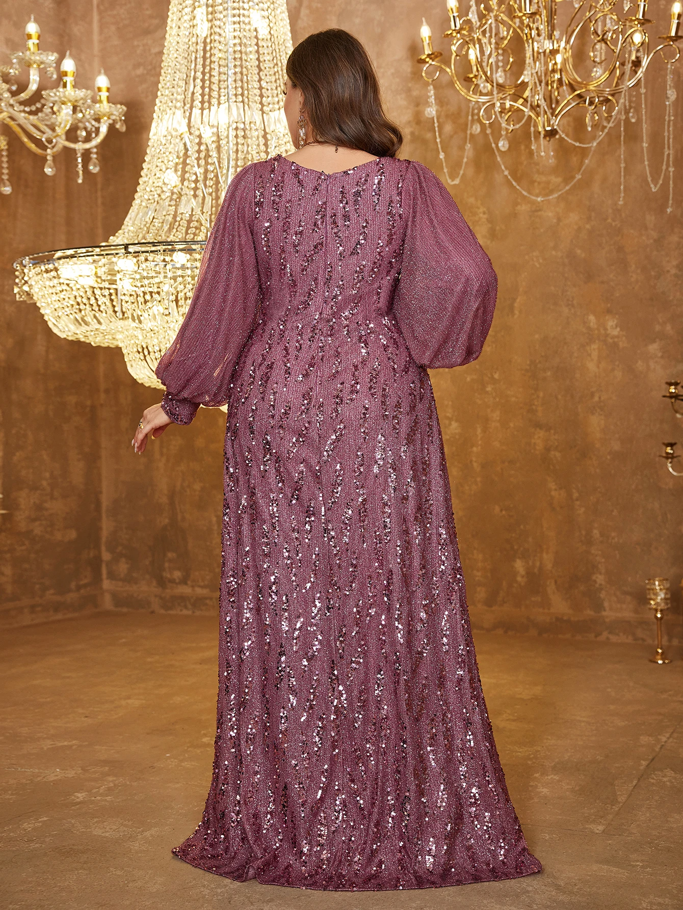 فستان UNITHORSE مقاس كبير للسيدات أنيق مزين بالترتر ورقبة على شكل حرف V وأكمام واسعة وخصر أمامي مناسب بلون سادة للحفلات الرسمية، العروس