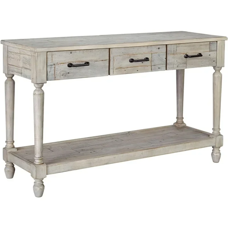 Design by Ashley Shawnalore Farmhouse Solid Pine Wood Sofa Console Table, Whitewash