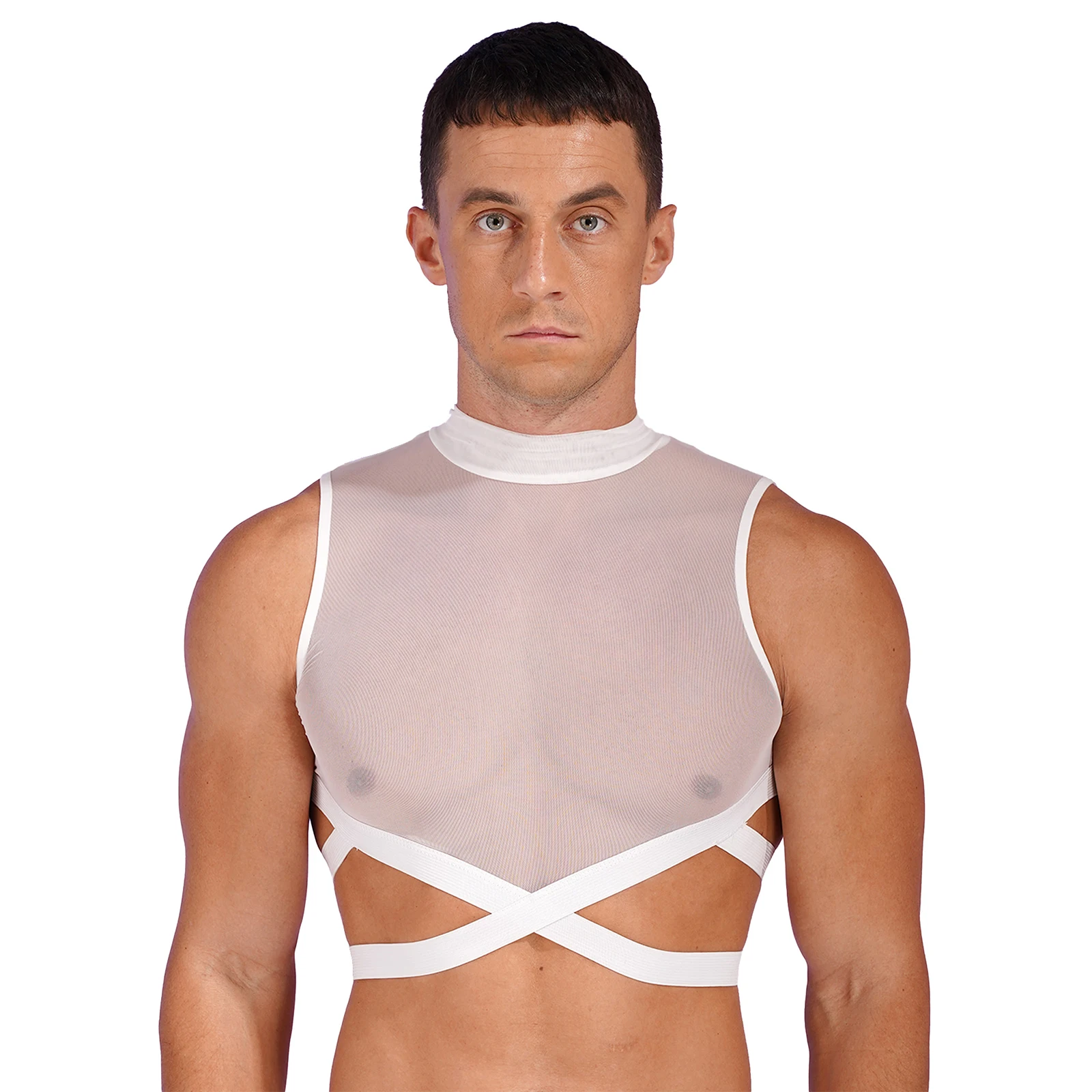 Herren Nachtclub schiere Mesh Muskel Crop Tops Reiß verschluss zurück elastische Riemchen Criss Cross Weste Tops ärmelloses Rave Festival Kostüm