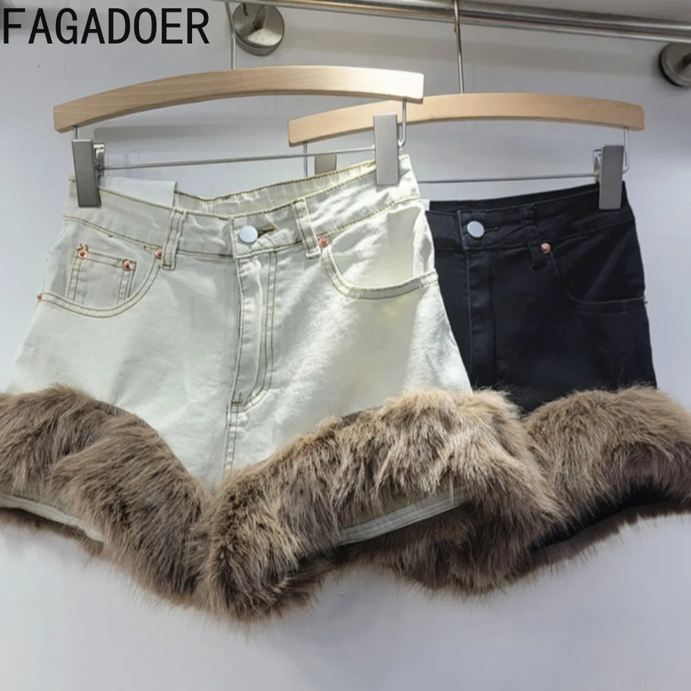 

FAGADOER American Spice Girl Fur Patchwork Denim Shorts Women Fashion Elasticy Slim Jean Shorts Female Streetwear Bottoms New