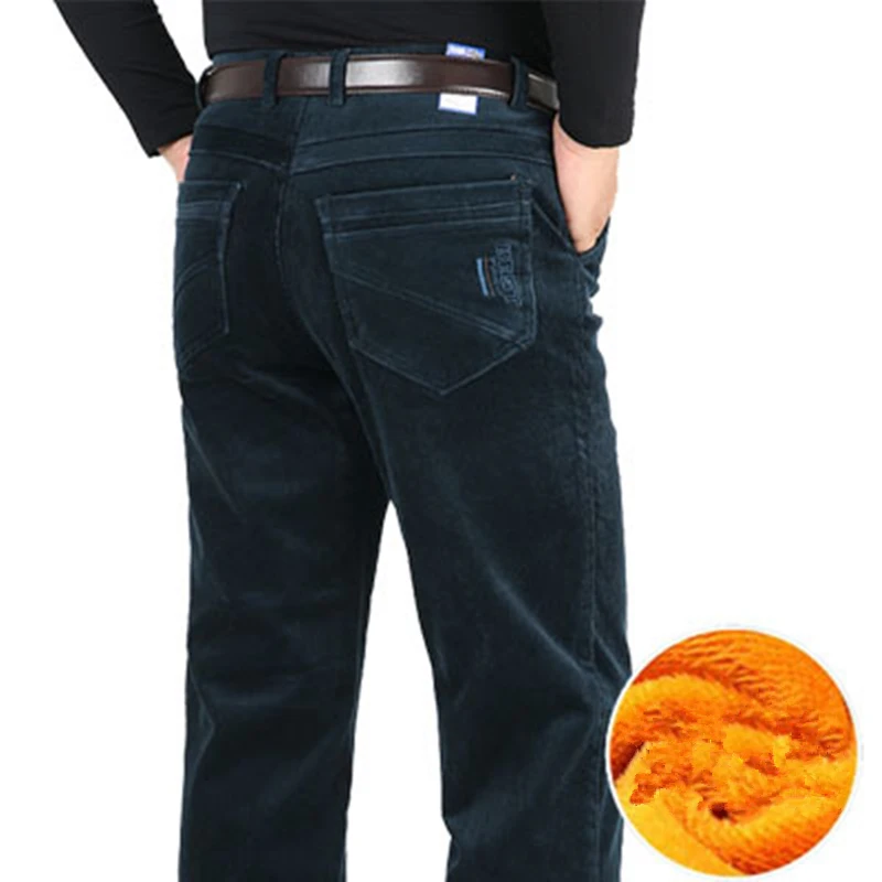 Corduroy Fleece Thicken Warm Winter Pants Men brown Casual Pants Straight  Loose black khaki Trousers for male Plus Size 40 42