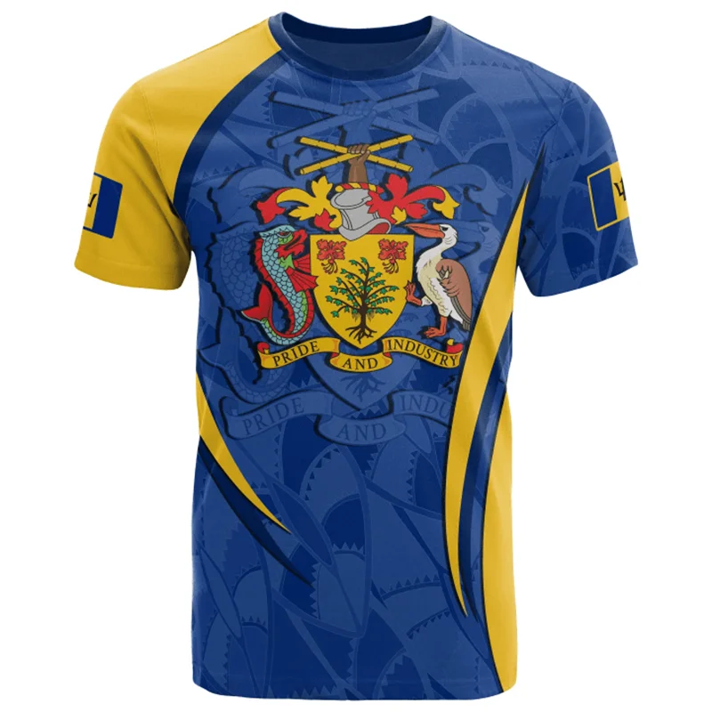 3D Barbados National Flag Map Printing T Shirt Barbados Coat Of Arms Graphic Tee Shirts Fashion Streetwear Short Sleeves Clothes