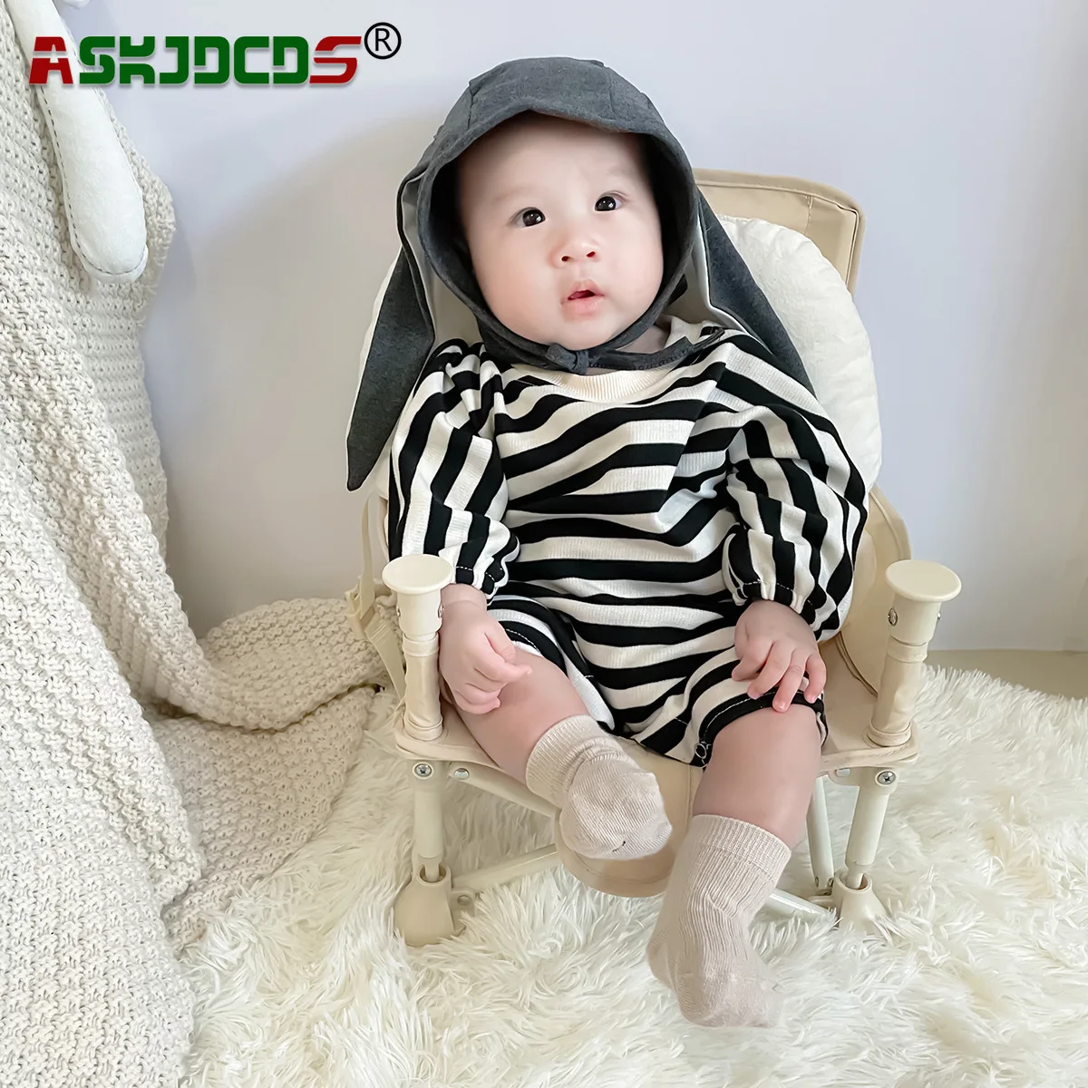 2023 Autumn Newborn Baby Girls Boys Full Sleeve Striped 1 piece with 3D Bunny Ear Hat Infant Kids Jumpsuit Toddler Romper 0-24M