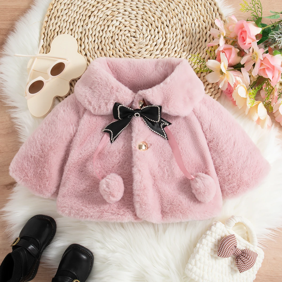 Baby Girl Clothing Winter Shearling-Lined Warm Collar Girl's Shawl Coat Adorable Bow Baby Coat Baby Girl Clothing