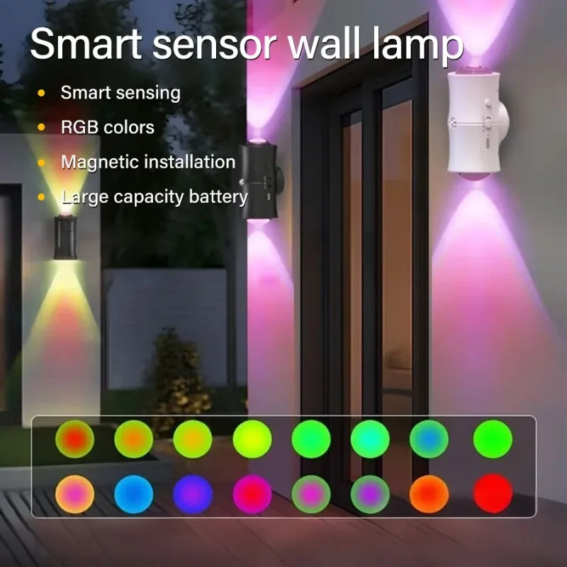 

Motion Sensor LED Wall Light Tricolor RGB Rechargeable Double-head Magnetic Spotlight For Bedroom Hallway Stair Ambient Lightin