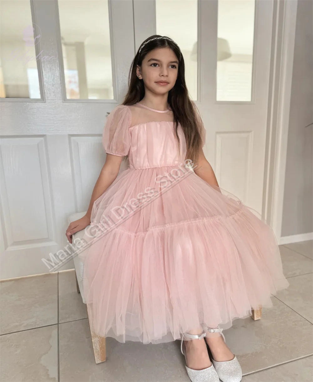 

Классическое светло-розовое платье для девочек с цветочным узором, подходит для свадеб, с короткими рукавами из сетки, детское праздничное платье, с возможностью индивидуального пошива