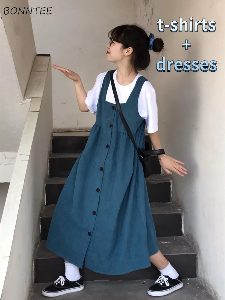 Women 2 Pieces Sets Midi Sleeveless Dresses Simple T-shirts Button Up Kawaii Preppy Retro Teens Young Girlish Mujer Outfits Chic