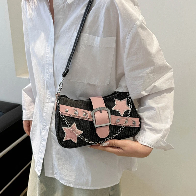 Star Pattern Y2K Hot Girl Chain Shoulder Bags for Women Black Pink Handbag Luxury Designer Grunge Bag Gothic Motor Style Sling