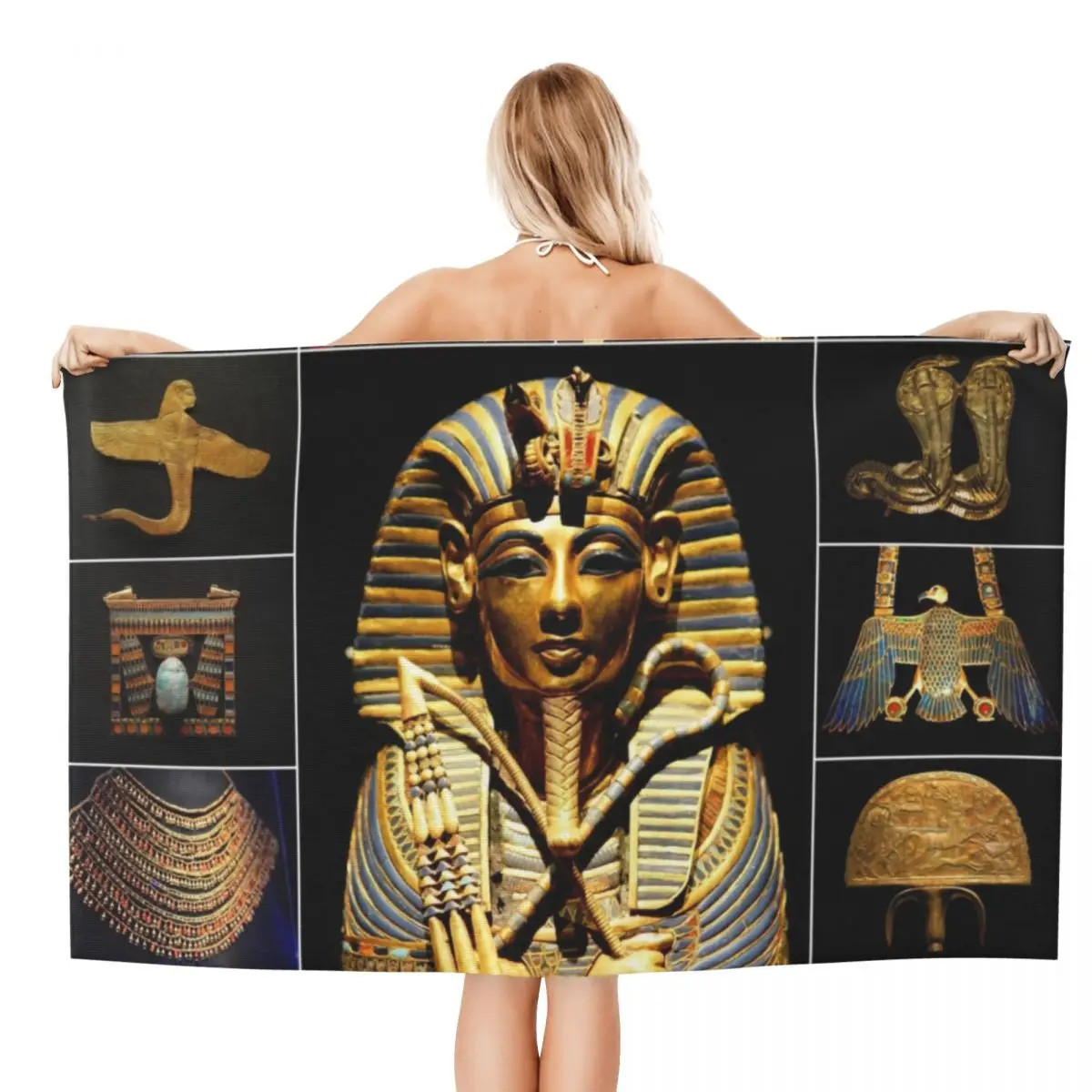 Egypt Ancient King Tutankhamun Hieroglyphics Beach Towel Quick Dry Egyptian Pharaoh Super Soft Microfiber Pool Sauna Towels