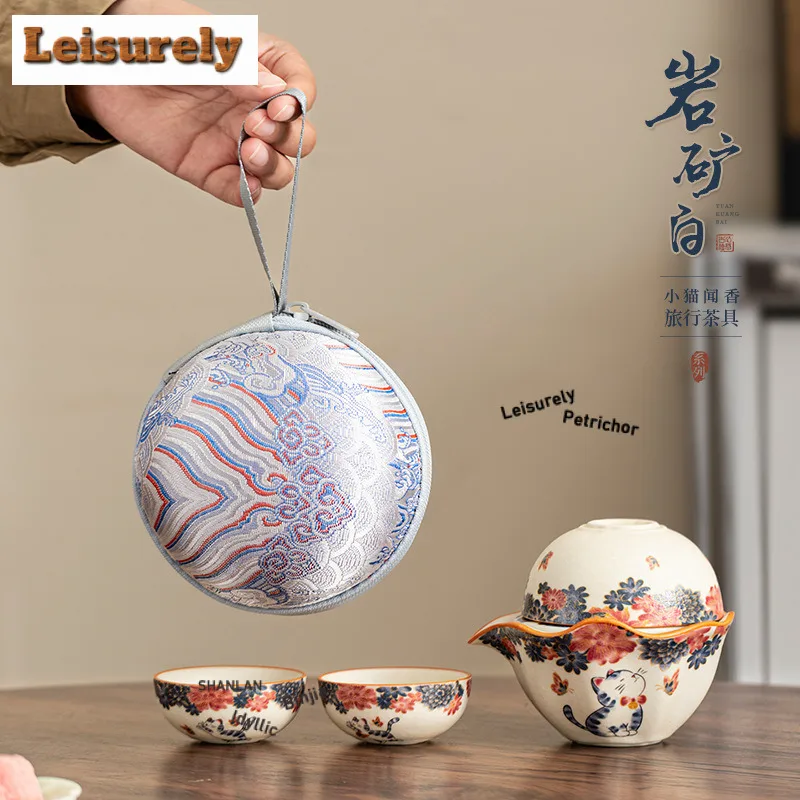 

Mineral Rocks White Little Cat Travel Tea Set Kit Traditional 1 Pot 3 Cups Tea Making Organizer Portable Picnic Handbag Craft