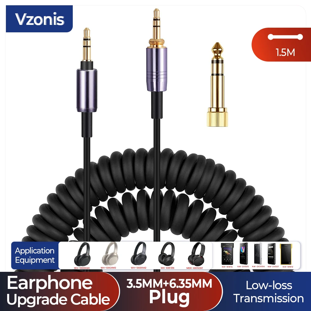 VZONIS Audio Cable for Sony Headphone Cable WH-1000XM3 XM2 Spring Coiled Earphone Replacement Audio Line with 6.35mm Adapter