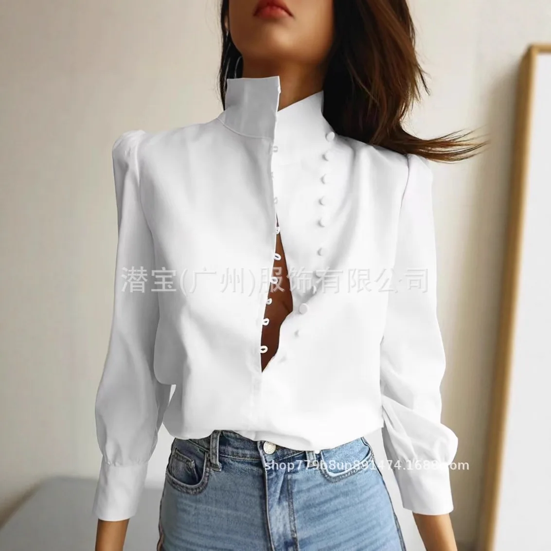 

Women's White Button-down Cardigan Pink Fashion Korean Loose Stand-up Collar Lantern Sleeve Simple Versatile Female Blouses