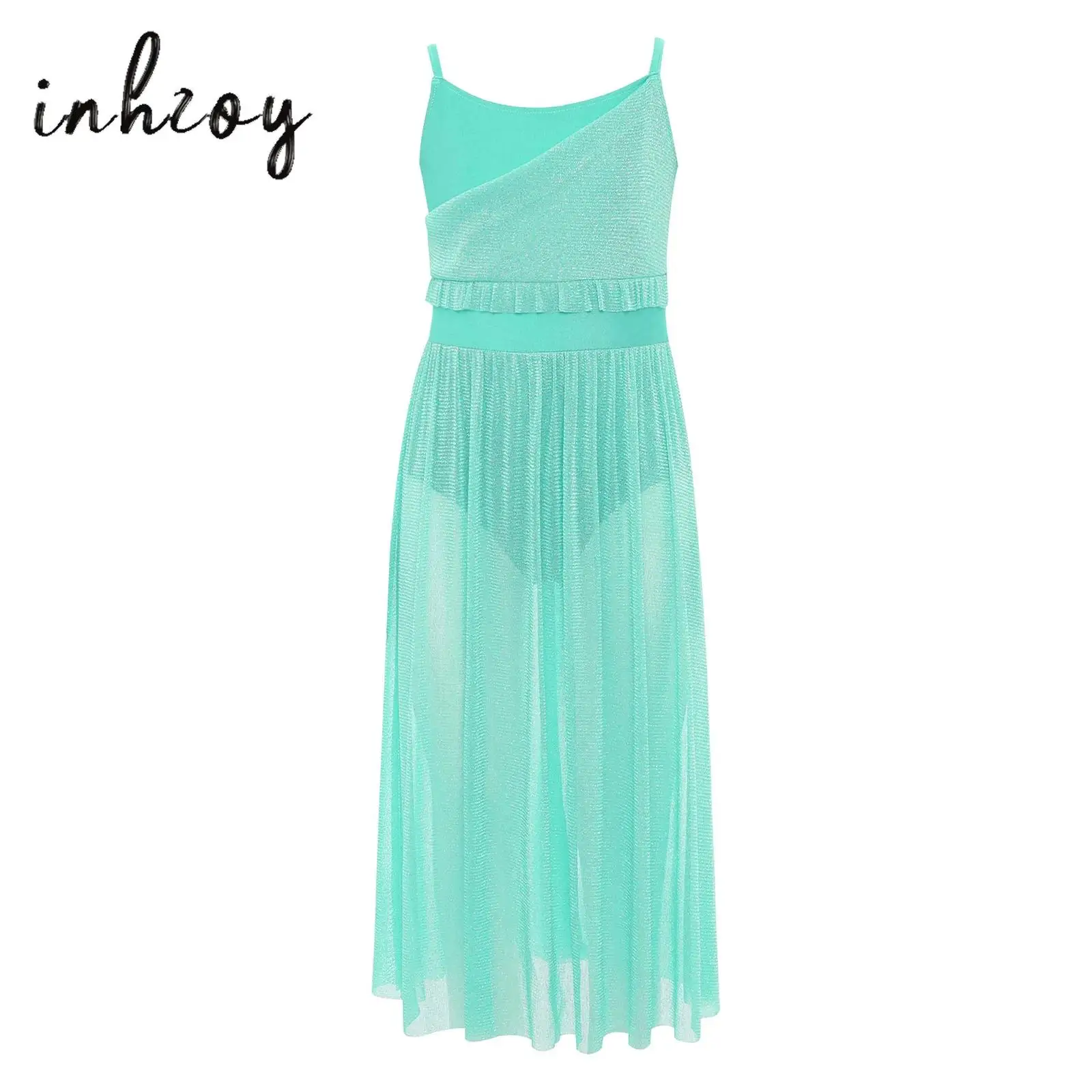 

Kids Girls Sides Split Glittery Mesh Dress Spaghetti Straps Ruffles Ankle Length Dresses for Lyrical Dance Stage Performance