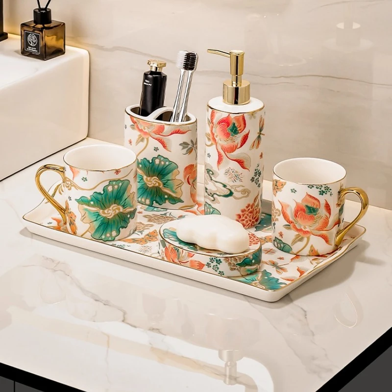 중국 시크 블루 및 화이트 세라믹 구강 세척 컵 세트, 가정용 변기, 커플 칫솔 컵 세척 세트, 욕실 장식