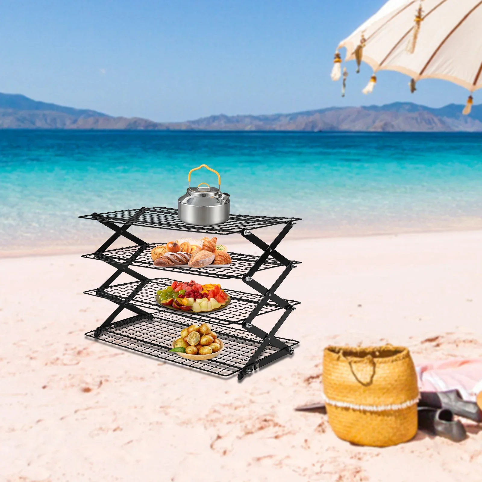 4-Tier Black Collapsible Cooling Rack, Folding Grid Stackable Roasting Drying Grilling Rack, Expandable & Foldable Non-Stick Wire Rack Each Tier Max. Load Capacity: About 10kg/22.05lbs
