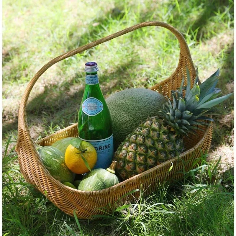 Cesta de Picnic grande para exteriores, cestas de flores tejidas de ratán de imitación, estuche de almacenamiento multifuncional, asas prácticas, bandeja de frutas