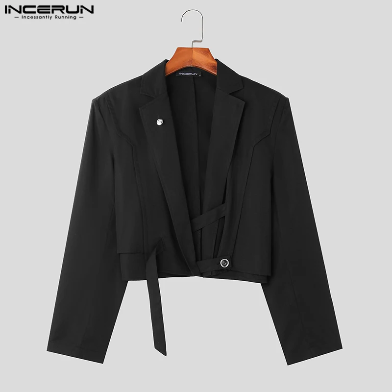 INCERUN Tops 2023 Korean Style New Men\'s Blazer Adjustable Diagonal Buckle Suit Deconstructed Design Truncated Solid Suit S-5XL