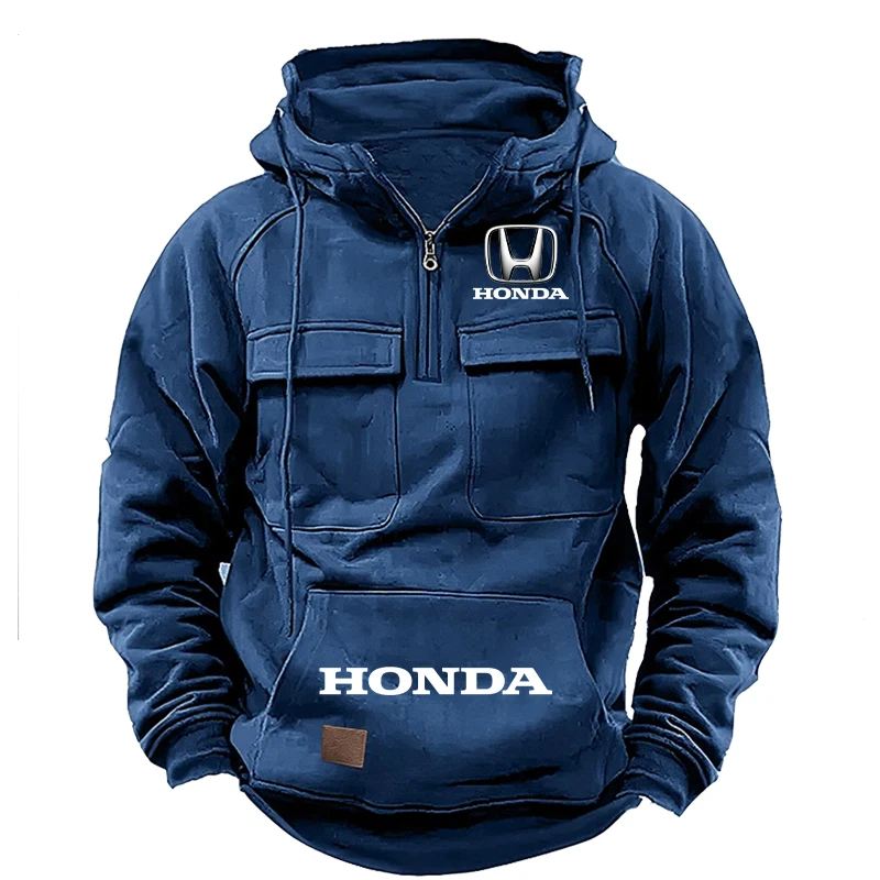 Honda Retro Tough Guy Heavyweight Hoodie Men's Hooded Zipper Fleece Lined Thickened Loose Ins Men's Motorcycle Pullover Clothes