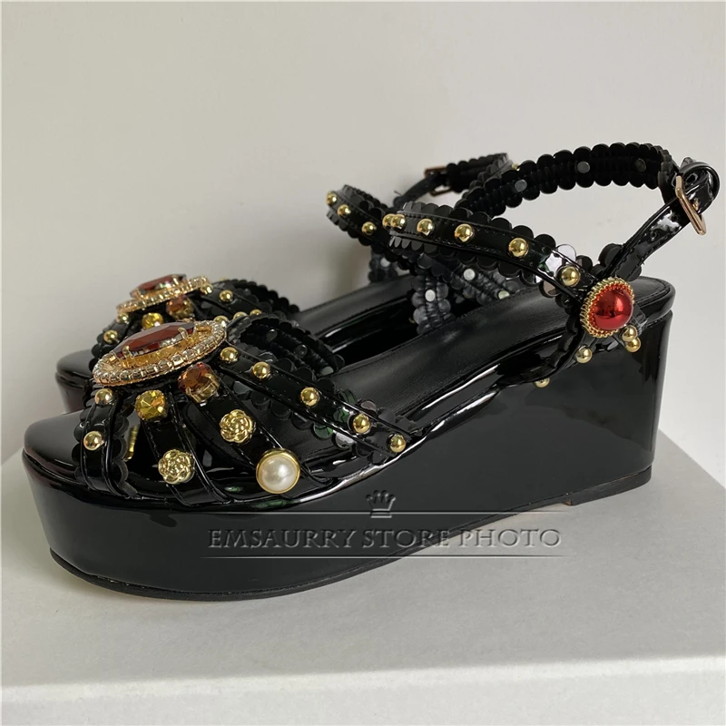 Luxury Diamond Rhinestone Buckle Sandals Women High Platform Wedges Ankle Strap Rivet Embellished Party Shoes Summer