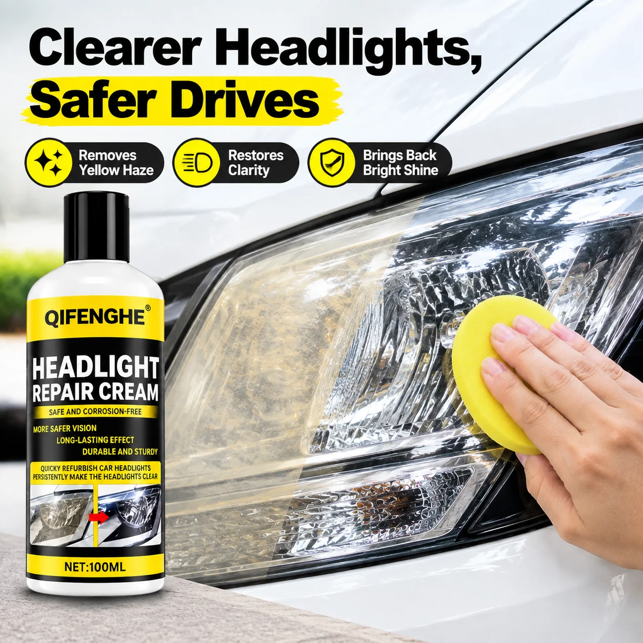 Car Headlamp Restorer Cream 100g, Effective Remove Yellow Oxidation Haze, Restore Headlight Clear Bright Shine