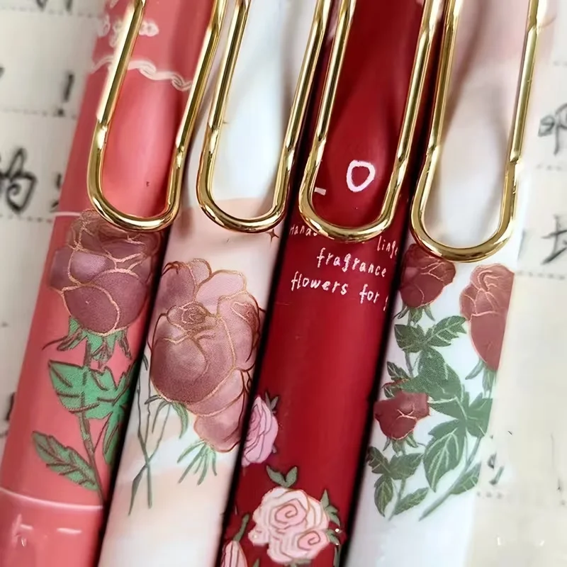 4Pcs Vintage Rose Retractable Ballpoint Pens Medium Tip Black Ink a Must-Have Stationery Suitable for School OfficeEveryday Use