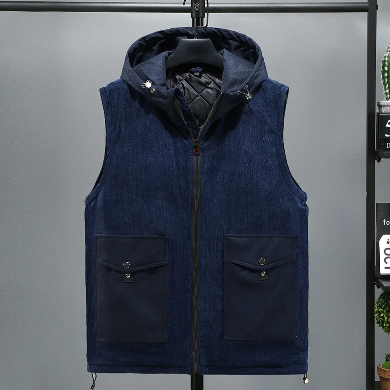 New Large Big Size Men Cotton Padded Vest Hooded Autumn Thermal Sleeveless Jacket Male Warm Corduroy Waistcoat Winter Sweatshirt