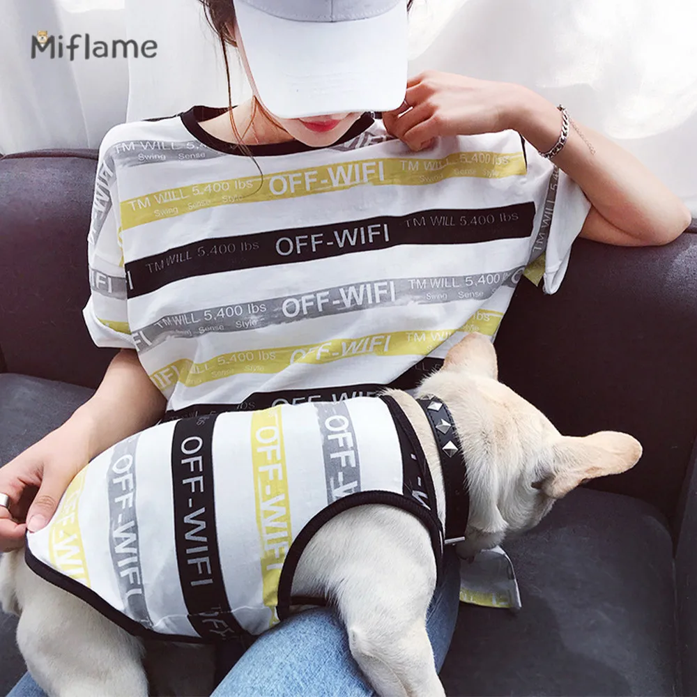 

Miflame Summer Slub Cotton Cat Dog Clothing French Bulldog Corky Teddy Striped Print Pet T-shirt Dog And Owner Matching Outfits