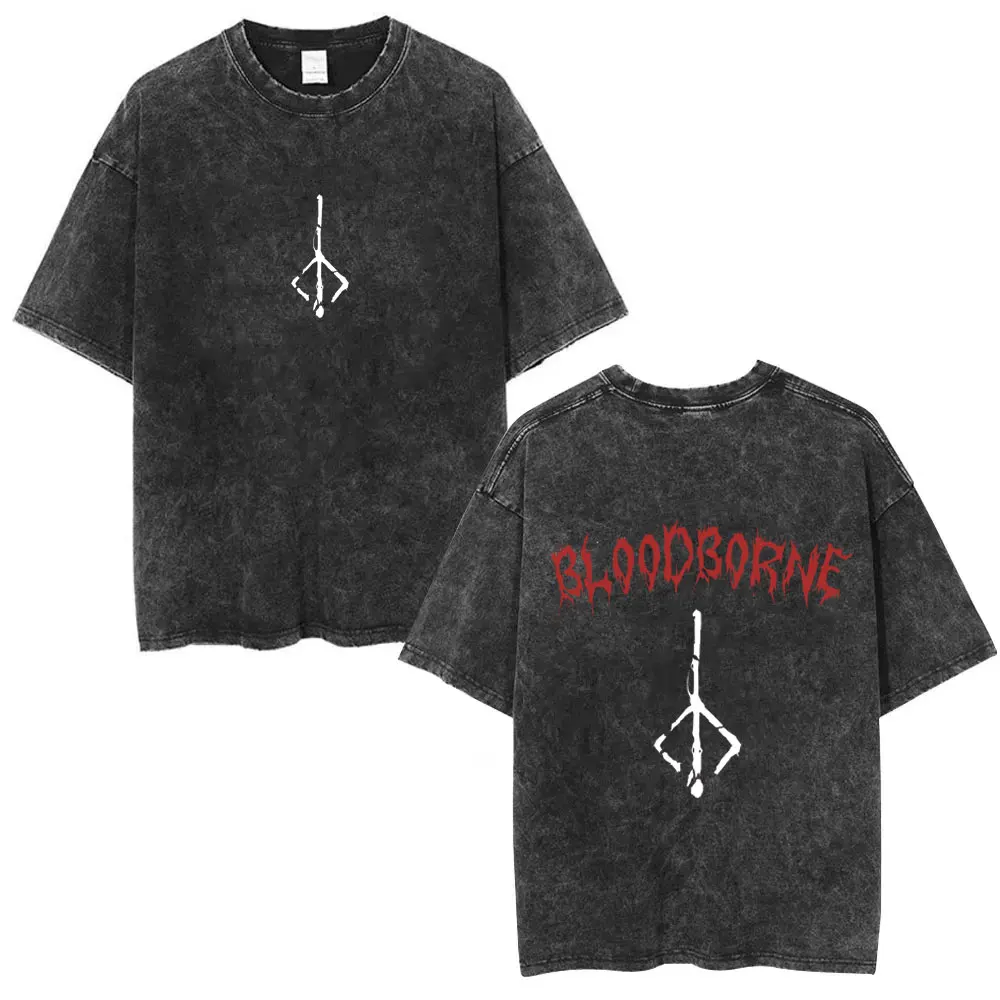 

Washed Vintage Game Bloodborne Logo Print T-shirt Retro Horror Hunter Merch T Shirts Men Women Casual Cotton Crewneck T-shirts