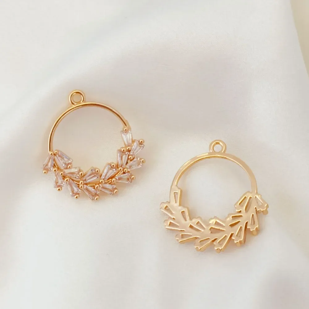 

Copper Gold-plated Inlaid Zircon Round Plant Leaf Pendant Earrings, Handcrafted DIY Ear Rings and Earrings Accessories