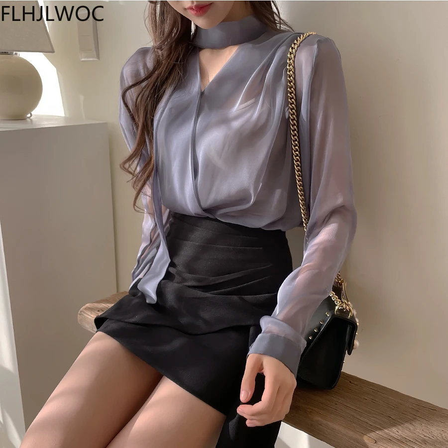 Pink Korea Chic Tops Blusas Bow Tie Office Lady Elegant Bling Thin Sexy Transparent Button Shirts Flhjlwoc Fashion Women Blouses