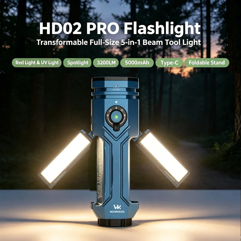 Wurkkos HD02 PRO Flashlight 3200Lm 5-in-1 Multifunctional Work Light 180°Rotation USB Rechargeable Ideal for Camping and Fishing