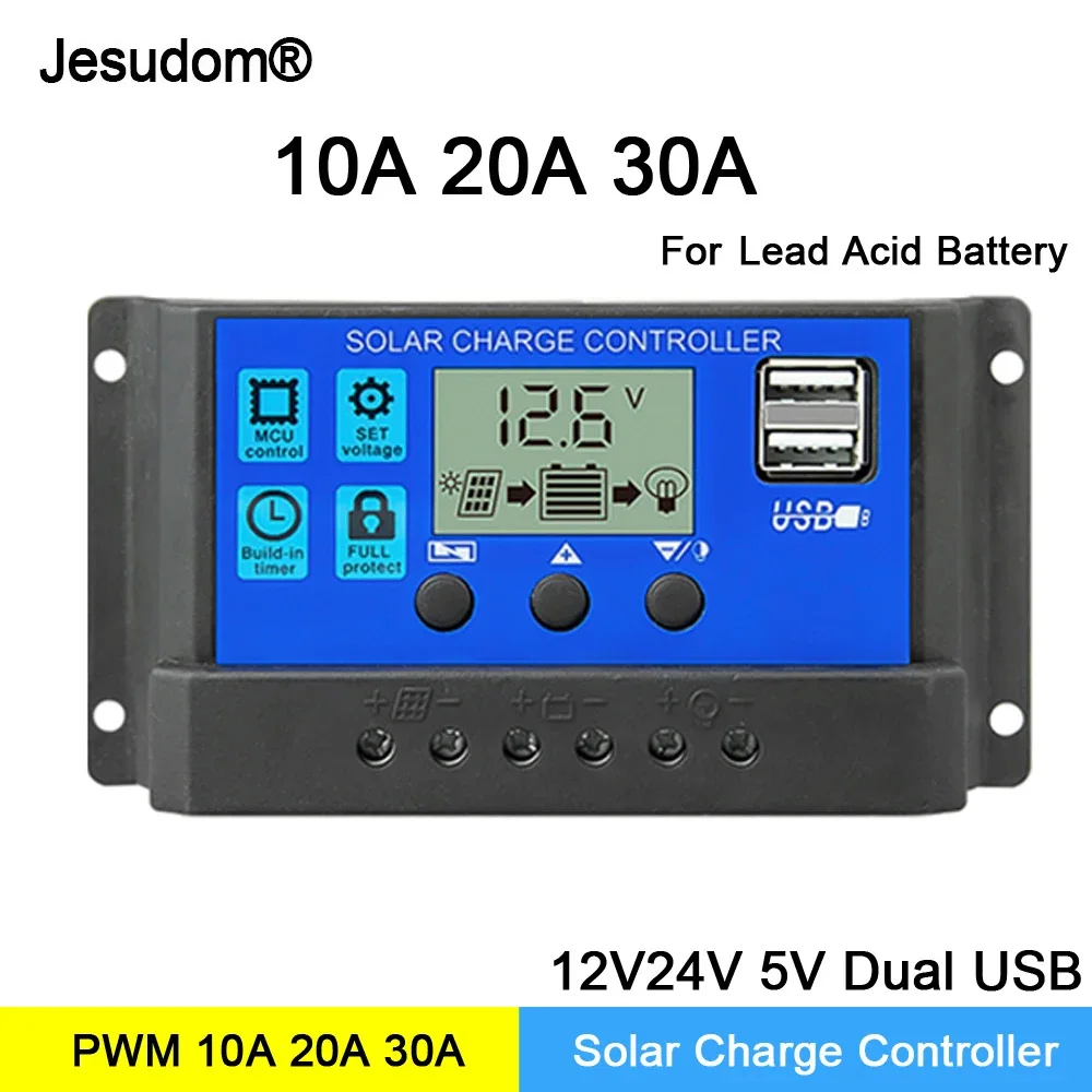 Solar Controller 12V/24V 30A 20A 10A Solar Regulator PWM Battery Charger LCD Display Dual USB 5V Output