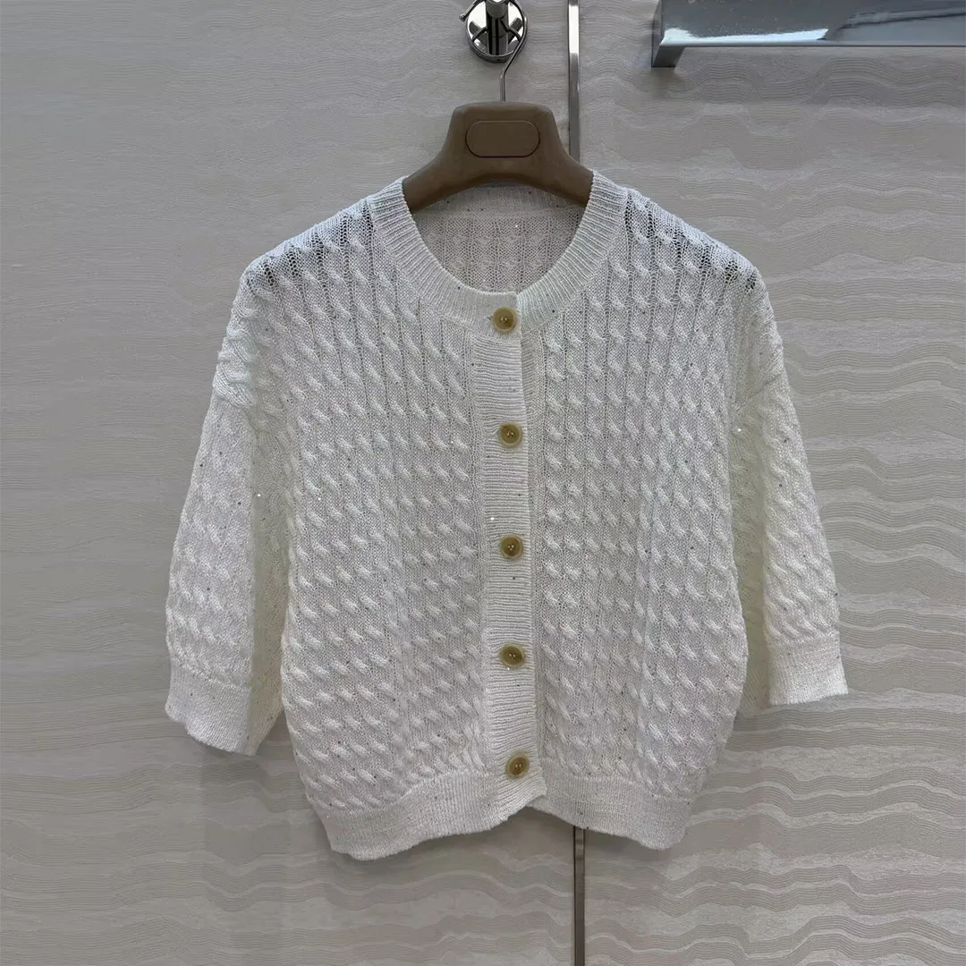 

Новый модный кардиган 2026 года: роскошный, с пайетками и бисером, вязаный крючком, свободный, изо льна, с круглым вырезом, на одной пуговице, для женщин