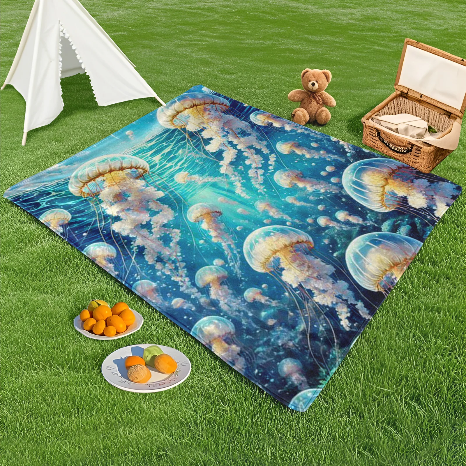 

Stylish Jellyfish And Sun Design Blue Sky Outdoor Blanket For Beach Days And Picnic Adventures