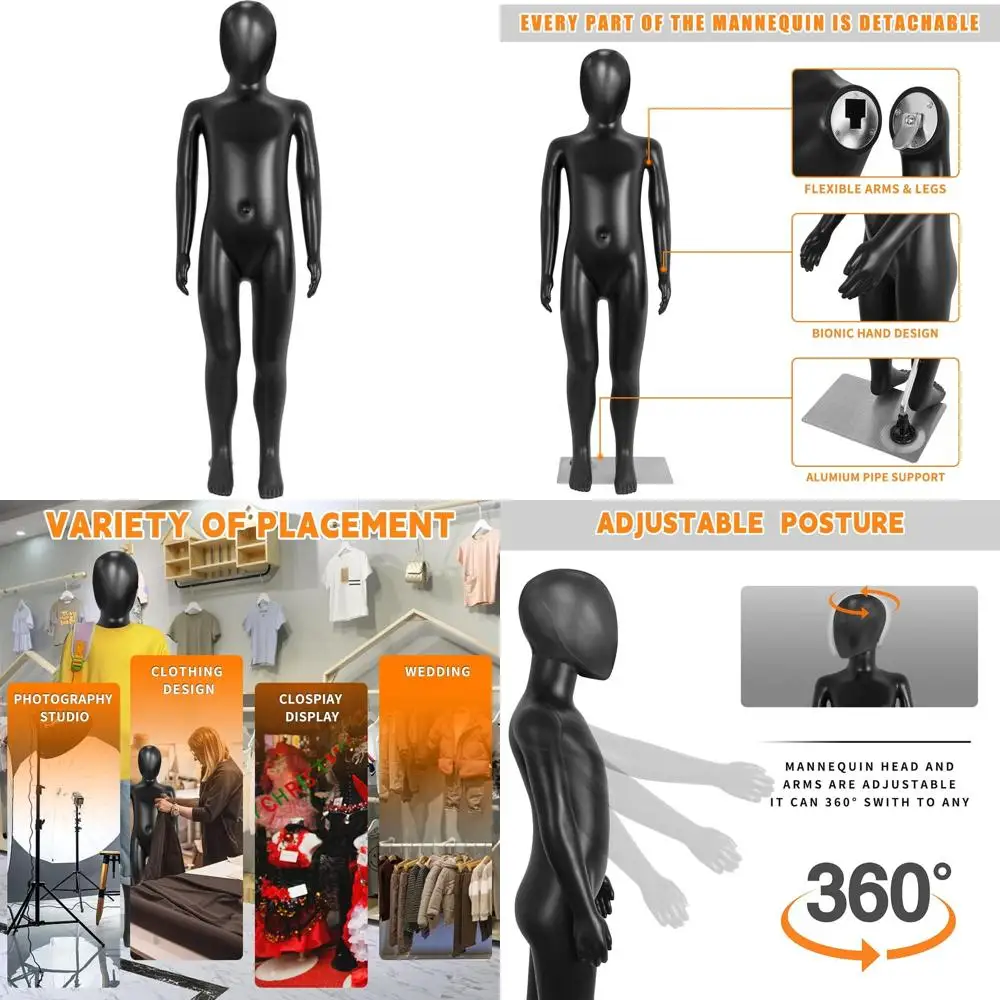 

Full-Body 43.3 Black Child Mannequin with Detachable Realistic Body and Metal Base Display