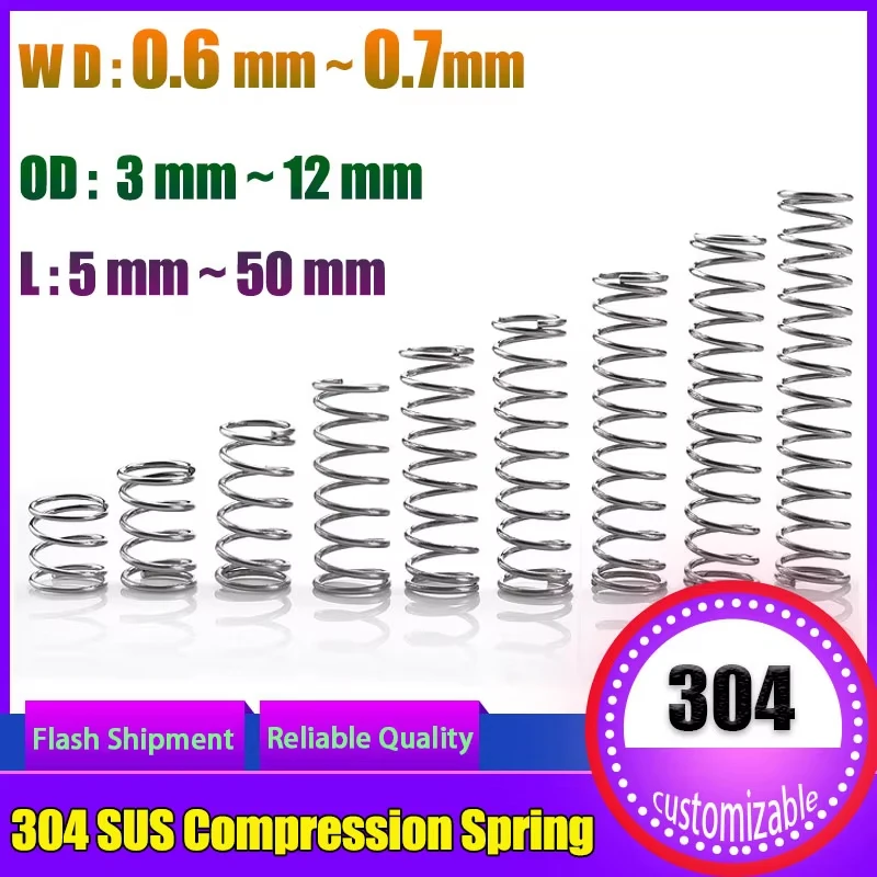 10Pcs 304 Stainless Steel Micro Small Compression Spring Wire Diameter 0.6mm 0.7mm OD 3mm/4mm/5mm/6mm/7mm/8mm/9mm/10mm/11mm/12mm