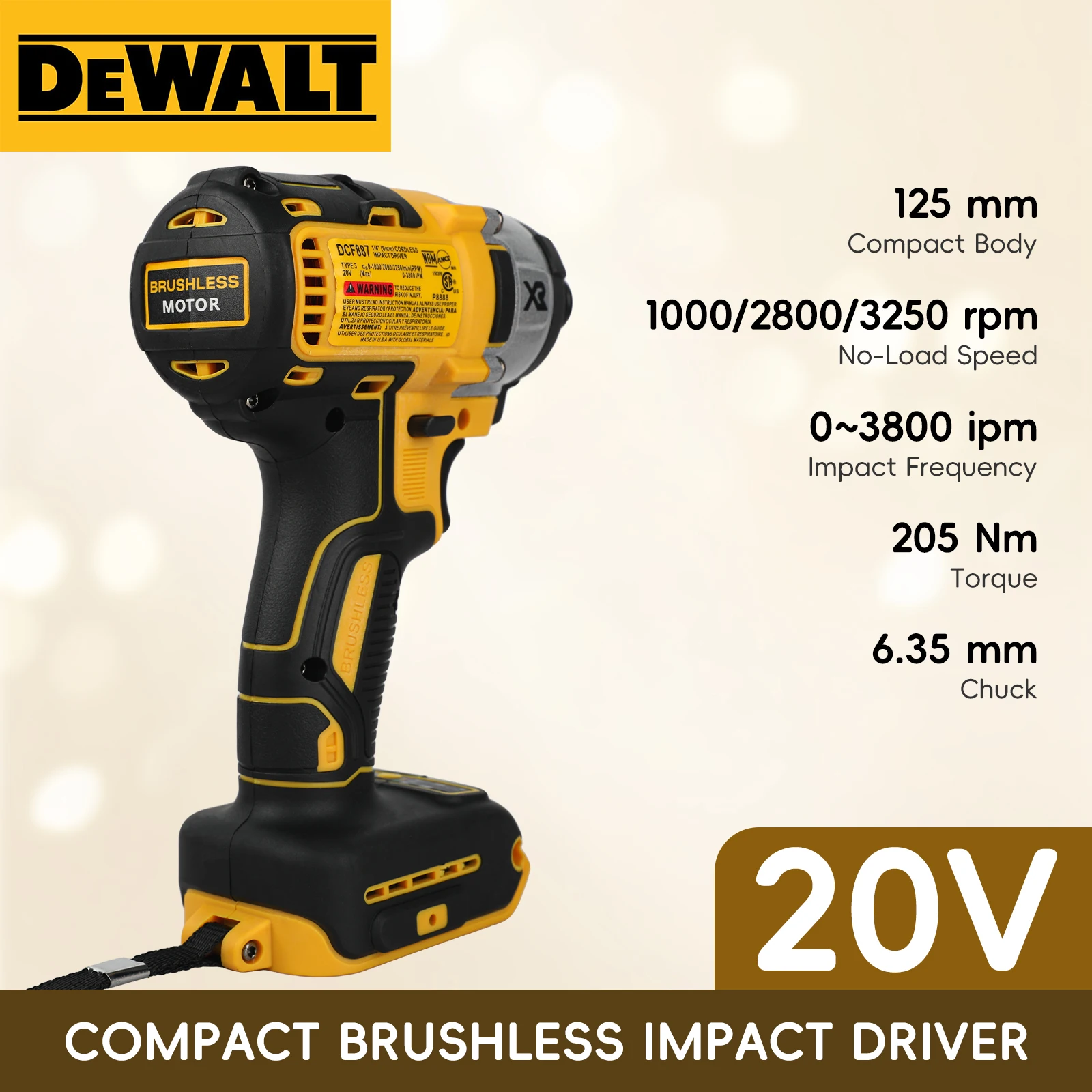 DEWALT DCF887 20V Brushless Impact Driver 205Nm Triple LED Light 3-Speed 1/4