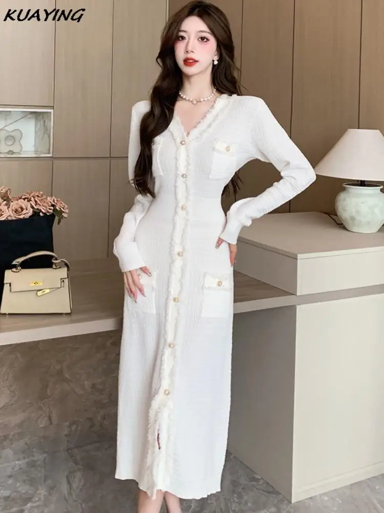 

Elegant V-Neck Knitted Dresses Women Fashion White Black Casual Office Bodycon Pencil Midi Party Dress Vestido Summer Autumn