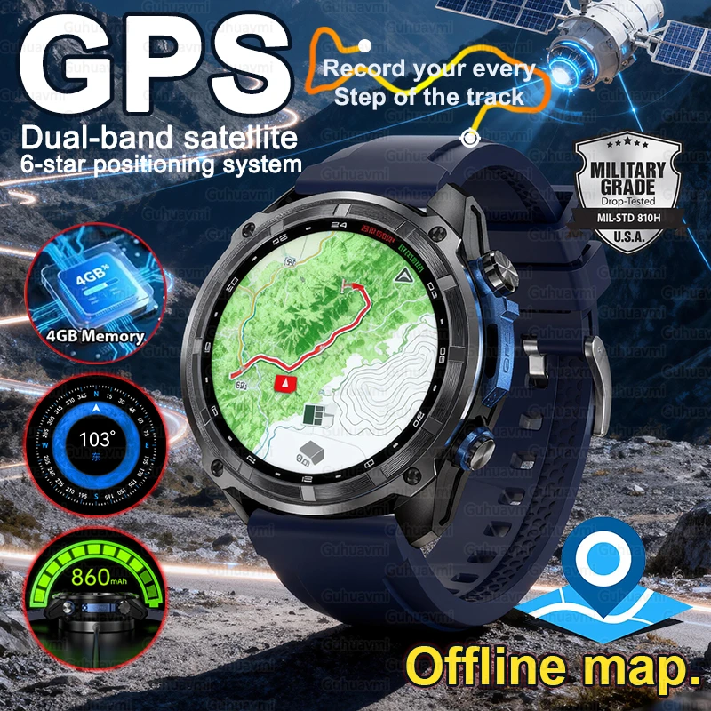 New 4GB Memory GPS Smartwatches For Men 50m Waterproof Swimming Sports Bracelet 860mAh Battery 170+Sport Offline Map Smart Watch