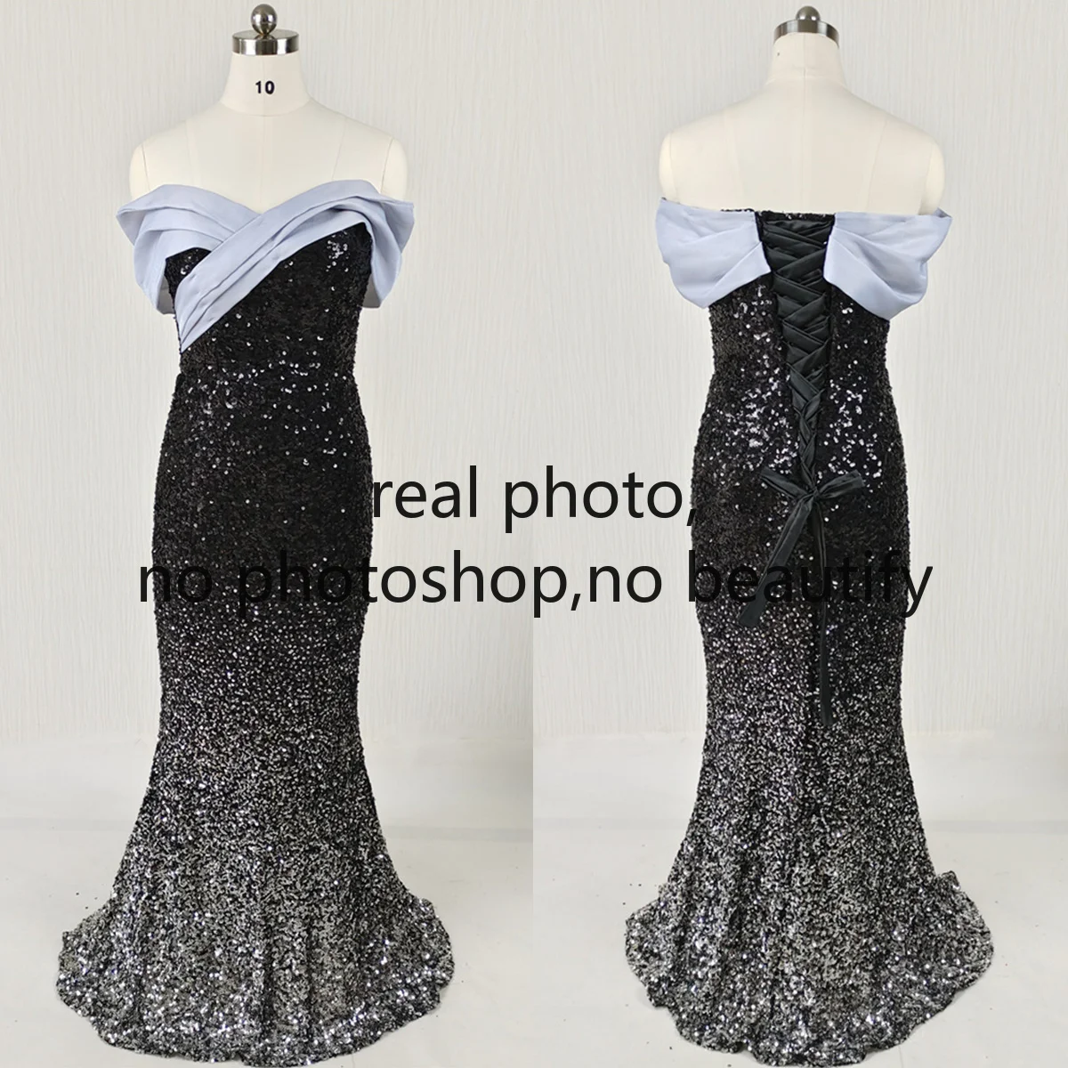 

Customized Evening Dress Gradient Black Silver Sequins Off the Shoulder Mermaid Floor Length Plus size Women Party Formal Gowns