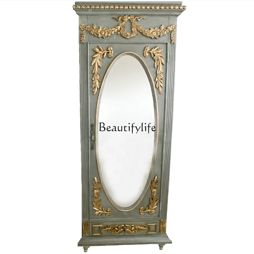 

American Retro Distressed Solid Wood Wardrobe European Antique White Carved Dresser French Gold Trim