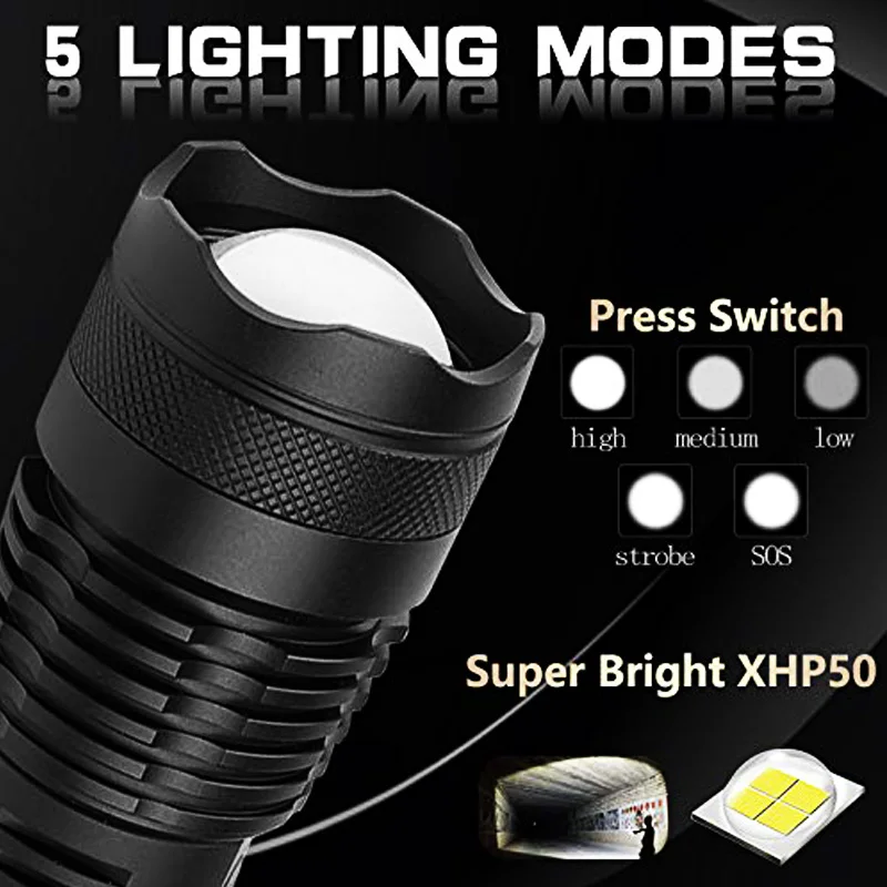 T20 LED Flashlight XHP50 Powerful High Lumens 18650 USB Rechargeable LED Torch Zoomable Light XHP50 Flashlight for Outdoor