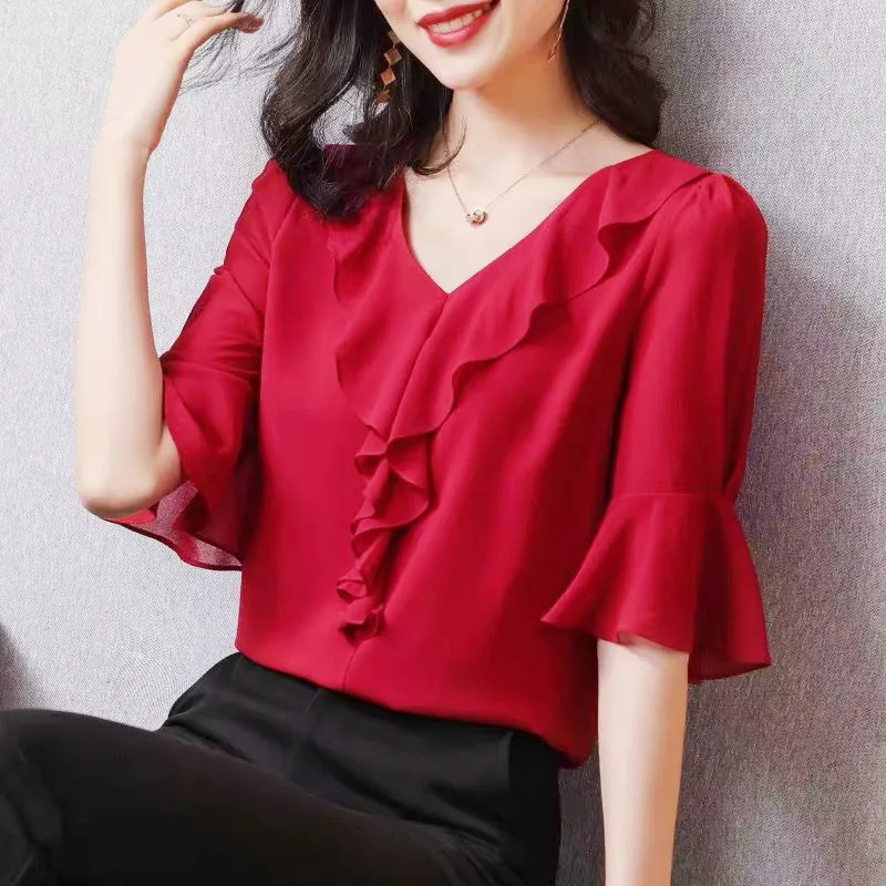 2024 Elegant office lady Lotus leaf collar chiffon shirt,Fashion korean style flare sleeve OL style blouse red black white Tops