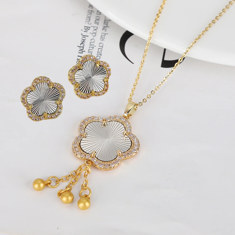 Bell Lovely Plant CZ Zircon Flower Plant Natural Stone Pendant Necklace Earrings Jewelry Set Women's Gift Simple Luxury